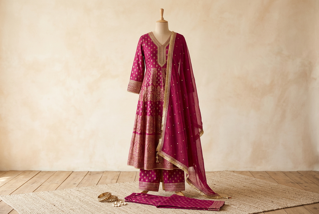 Illustrative studio photo of a magenta Indian Anarkali festive outfit