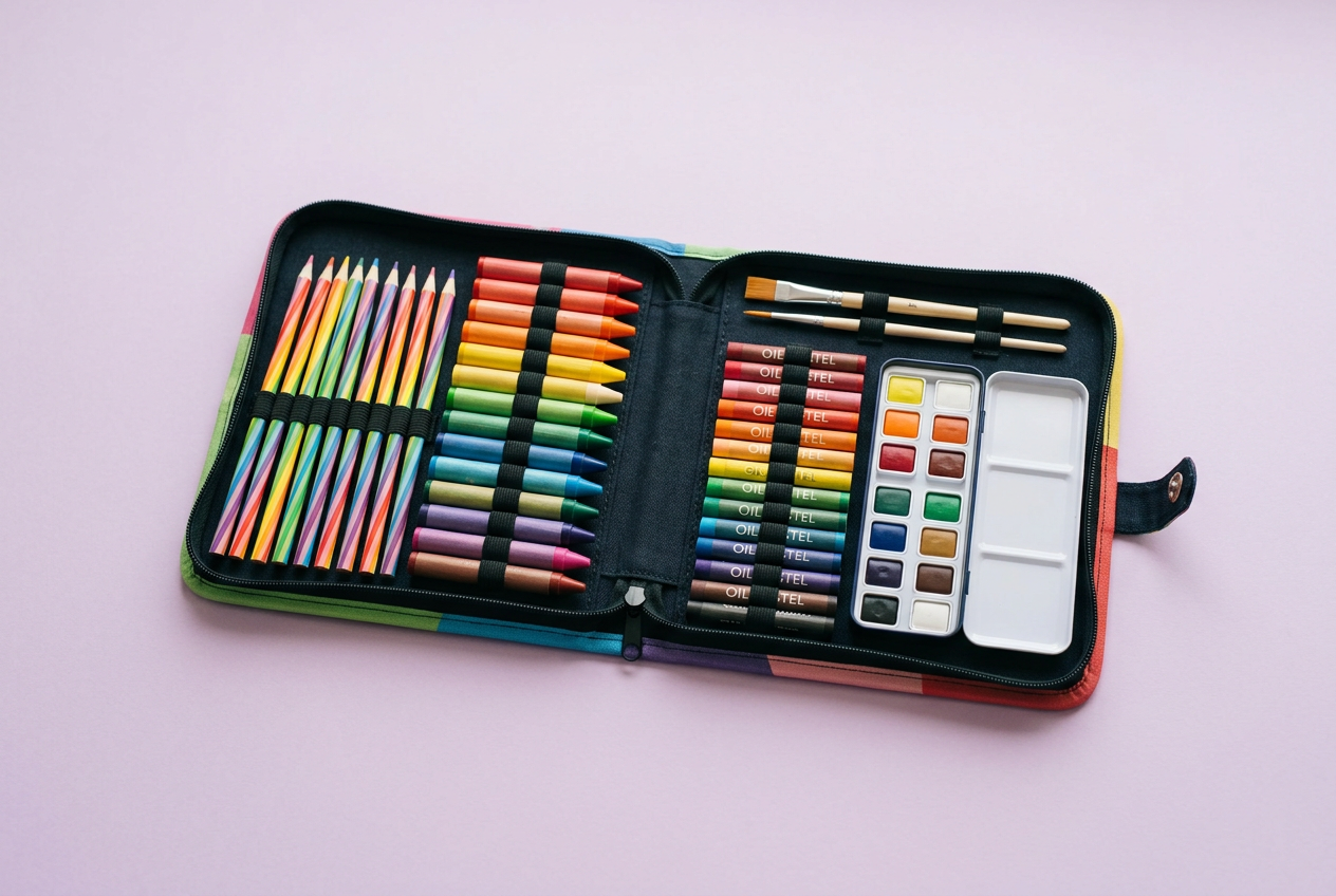 Illustrative studio photo of a colorful children’s art and coloring kit