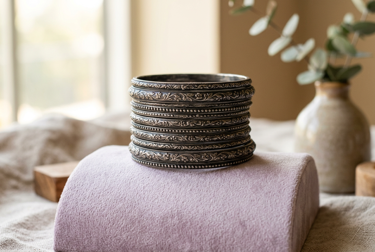 Illustrative studio photo of a stack of oxidised silver bangles