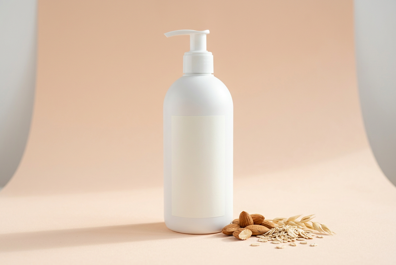 Illustrative studio photo of a plain white pump bottle of body lotion