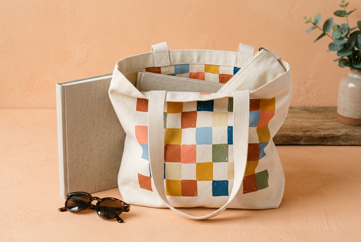 Illustrative canvas tote with a colorful abstract print