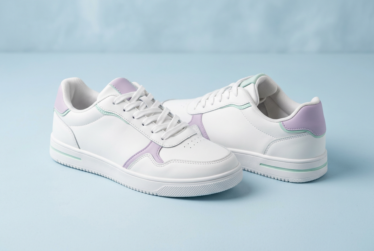 Illustrative pair of white casual sneakers with pastel accents