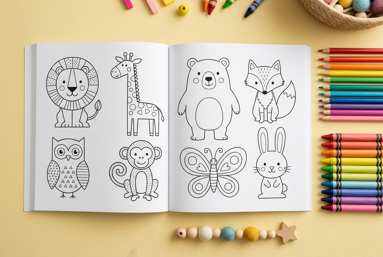 Illustrative flat lay of an open children’s coloring book and colorful crayons