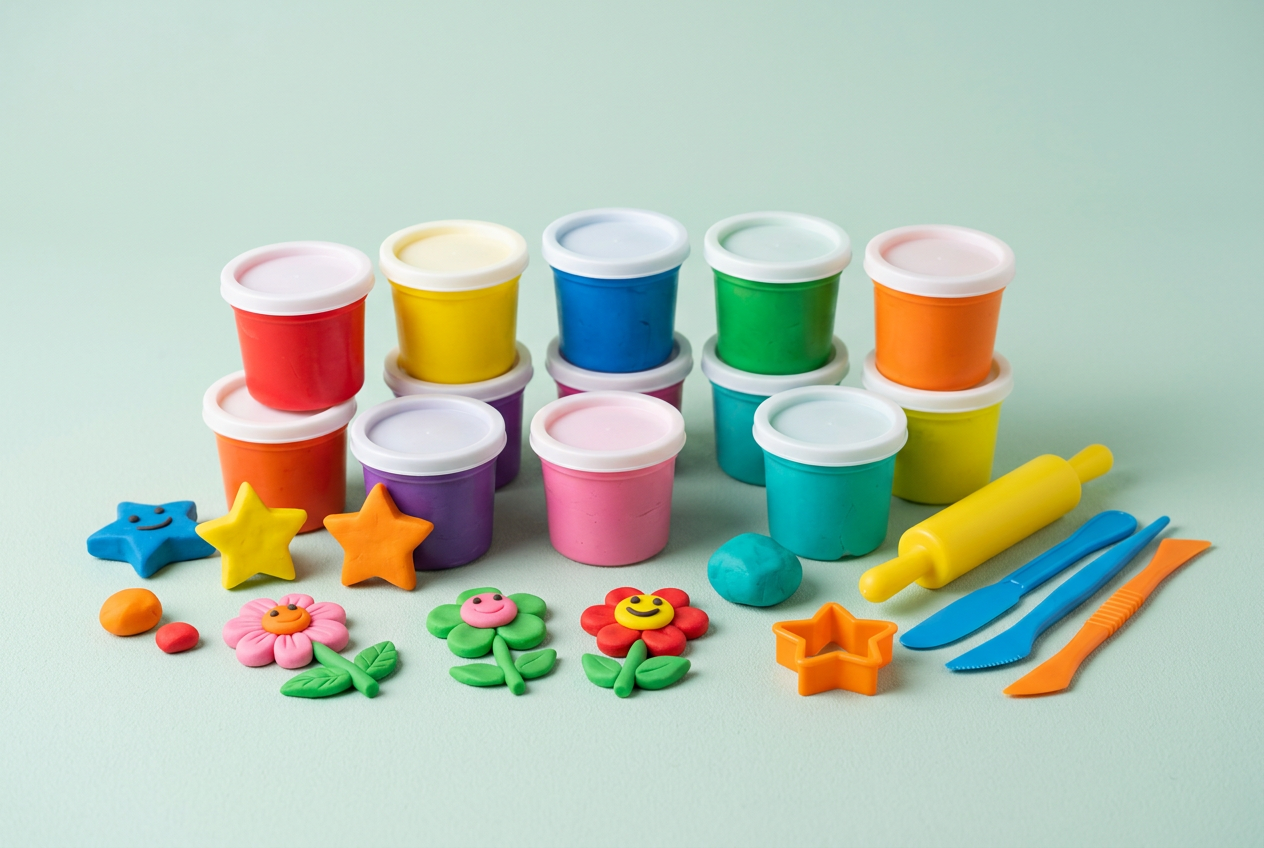 Illustrative colorful modeling clay kit with simple shapes and child-safe tools