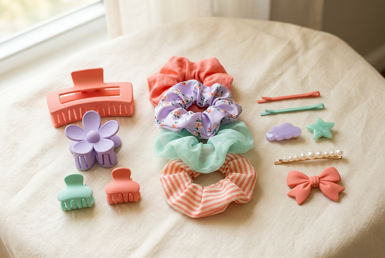 Illustrative pastel claw clips, scrunchies and hair pins