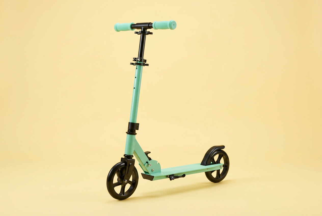 Illustrative studio photo of a mint green foldable kids scooter