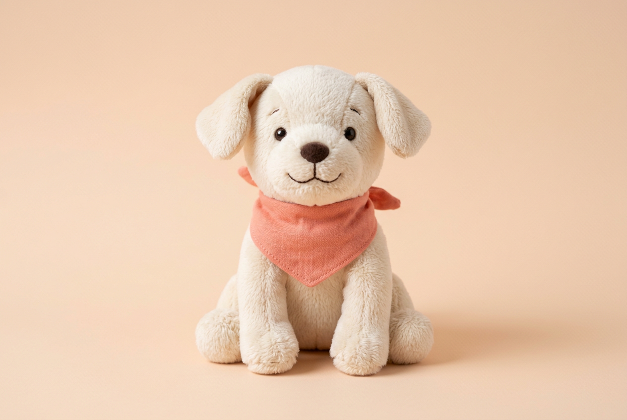 Illustrative studio photo of a soft cream plush puppy toy