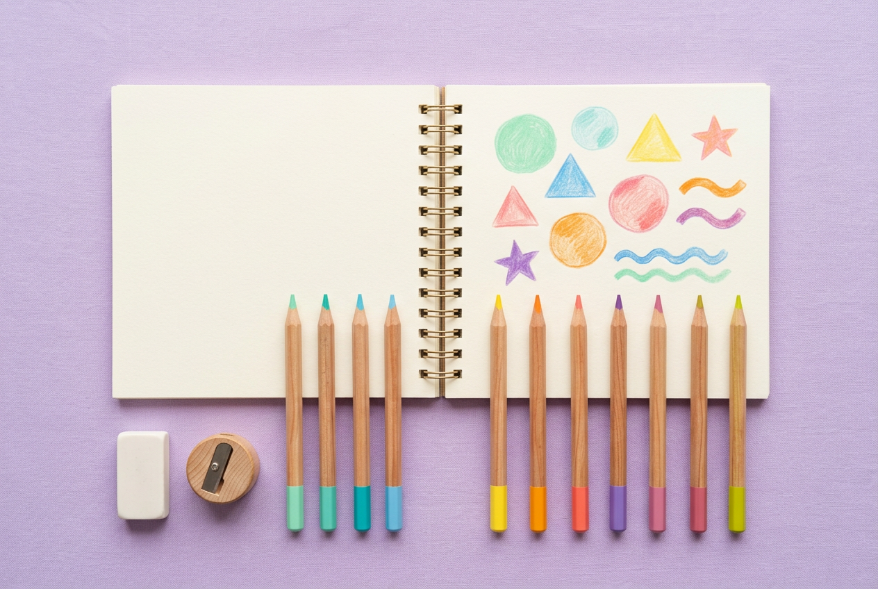 Illustrative sketchbook with a set of colored drawing pencils