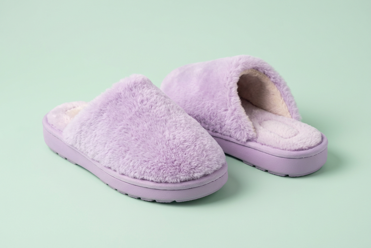 Illustrative studio photo of a pair of lavender cushioned house slippers