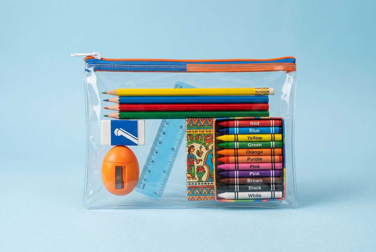 Illustrative studio photo of a colorful school stationery kit in a zip pouch
