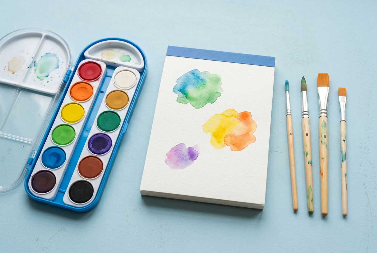 Illustrative watercolor paints, brushes and paper pad for kids